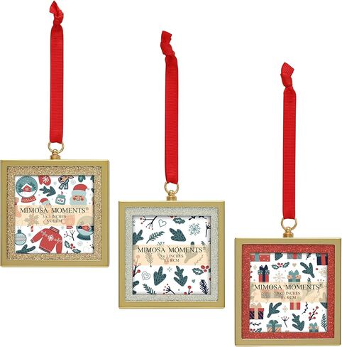 Mimosa Moments Bling Picture Frame Ornament for Wedding & Holiday, 3pcs 3x3 Hanging Frames (Set of 3 – Brass with 3 Glitters) in Kuwait