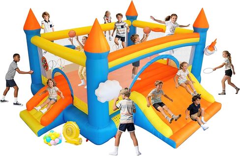 Large Bounce House for Kids, 16.5ft x 15ft Inflatable Bouncy Houses with Bouncy Area, Obstacle Arch, Slide, Basketball Game and Dart Game, Bouncer Jump House Holds 6 Kids Aged 3-10, 650W Air Blower in Saudi Arabia
