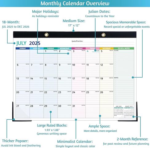 2025-2026 Desk Calendar – Jul 2025 – Dec 2026, 18 Monthly Desk Calendar 2025-2026, Large Desk Calendar, 22'' x 17'', 2025 Desk/Wall Calendar with Desk Pad, To-do Lists, Ruled Blocks, Corner Protectors in Kuwait