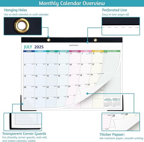 2025-2026 Desk Calendar – Jul 2025 – Dec 2026, 18 Monthly Desk Calendar 2025-2026, Large Desk Calendar, 22'' x 17'', 2025 Desk/Wall Calendar with Desk Pad, To-do Lists, Ruled Blocks, Corner Protectors in Kuwait
