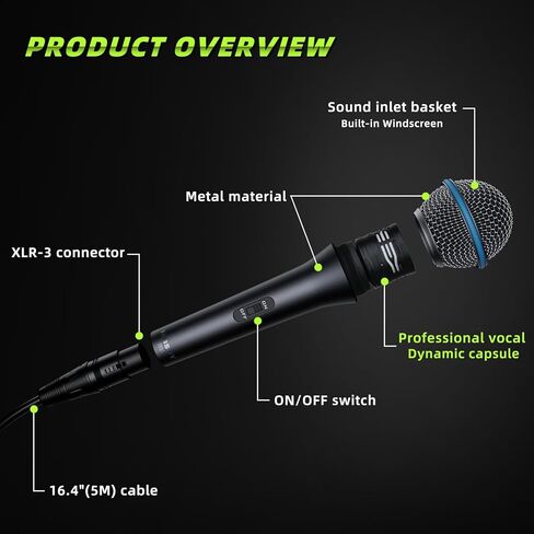 ميكروفون ديناميكي صوتي، ميكروفون سلكي معدني محمول للغناء، ميكروفون مناسب للكاريوكي والتسجيل، مع مفتاح تشغيل/إيقاف وكابل XLR بطول 16.4 قدم in Kuwait