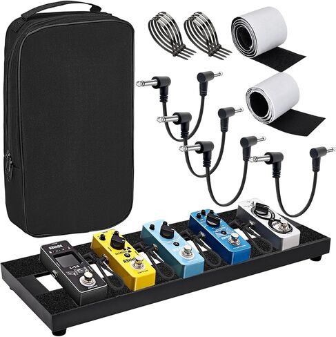 Small Guitar Pedal Board, 15x5.7x1.18", Aluminum Alloy Black PedalBoard with 4 pcs 6 inch Guitar Pedal Cable, Carrying Bag, Adhesive Hookside Tape in Kuwait