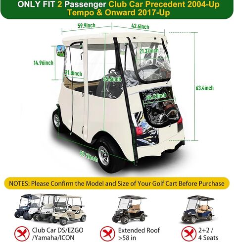 Golf Cart Deluxe Driving Enclosure 2 Passenger Only Fits Club Car Precedent Golf Cart with Door Zippers, Clear Window 600D Heavy Duty Drivable Rain Cover All Weather Waterproof Windproof in Kuwait