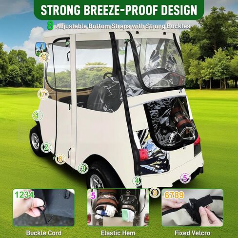 Golf Cart Deluxe Driving Enclosure 2 Passenger Only Fits Club Car Precedent Golf Cart with Door Zippers, Clear Window 600D Heavy Duty Drivable Rain Cover All Weather Waterproof Windproof in Kuwait