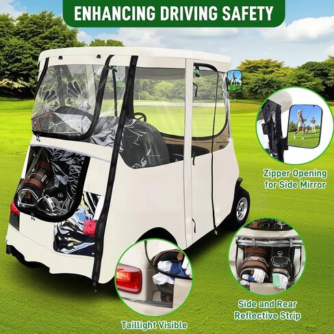 Golf Cart Deluxe Driving Enclosure 2 Passenger Only Fits Club Car Precedent Golf Cart with Door Zippers, Clear Window 600D Heavy Duty Drivable Rain Cover All Weather Waterproof Windproof in Kuwait