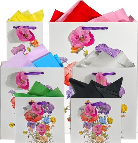 6 Pcs Gift Bags - Assorted Sizes with Tissue Paper for Mother's Day, Birthday and Celebrations (Large Red Peony Floral & Floral Label) in Saudi Arabia