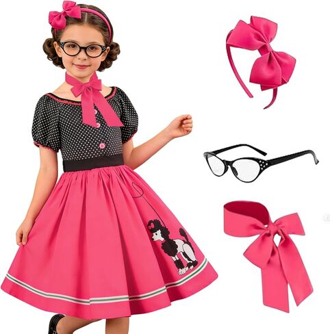 Kids 50S Poodle Skirt for Girls Sock Hop Outfits 1950s مع ملحقات لحفل عيد الفصح 3-9Y in Kuwait