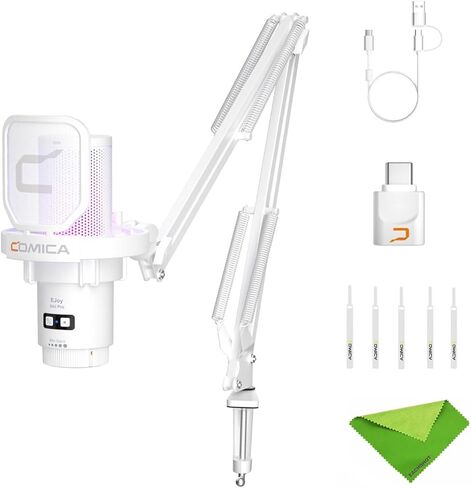 comica EJoy Uni Pro (A)-Wireless White Microphone for Computer and Smartphone,48Khz/24Bit RGB Cardioid Condenser Gaming Mic for Podcasting,Streaming,Recording,Music Creation,with Boom Arm Stand in Kuwait