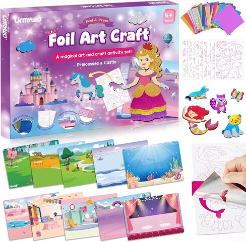Foil Arts and Crafts for Kids Ages 4-8, Art Craft Supplies Kits, No Mess DIY Creative Travel Toys Activity, Coloring Sticker Books,Easter Basket Stuffers, Princess & Prince & Castle, Gifts for Girls in Saudi Arabia