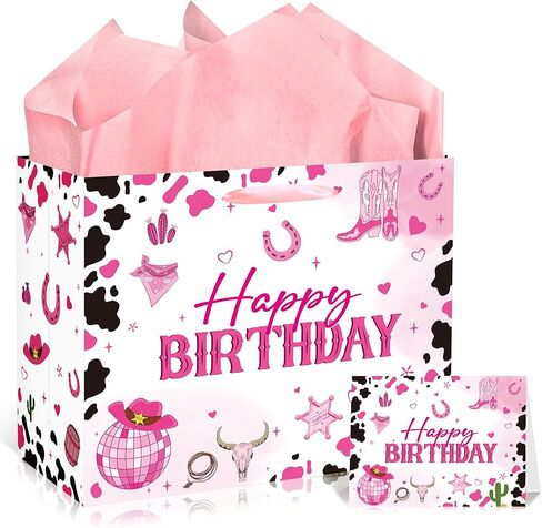 EoBeCy Horse Birthday Gift Bags for Girls: Pink Happy Birthday Gift Bag with Tissue Paper and Greeting Card, Western Cowgirl Wrapping Paper for Bithday Party Supplies in Saudi Arabia