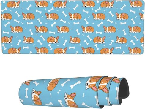 Famame Laptop Mouse Pad Cartoon Sleep Corgi Cute Blue Desk Mat with Stitched Edges 31.5X 11.8 inch Non-Slip Large Keyboard Rubber Writing Table Mat for Office Home in Kuwait