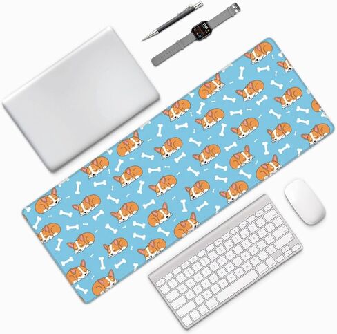 Famame Laptop Mouse Pad Cartoon Sleep Corgi Cute Blue Desk Mat with Stitched Edges 31.5X 11.8 inch Non-Slip Large Keyboard Rubber Writing Table Mat for Office Home in Kuwait