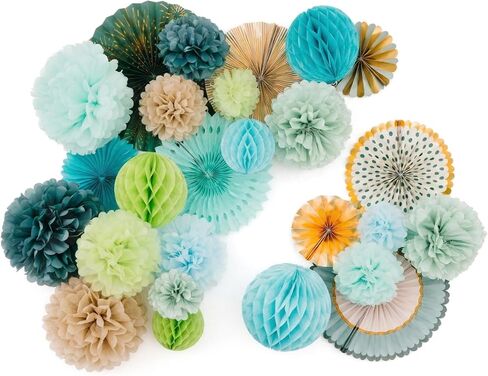 Papakit Deluxe اوريغامي مجموعة الديكور الحائط الكبيرة (مشجعي الورق المتنوع و pom-poms) حفلة عيد ميلاد استحمام الطفل أحداث الزفاف ديكور | نمط تصميم الفن الإبداعي (الألوان الاحتفالية ، مجموعة 26 قطعة ديلوكس) in Kuwait