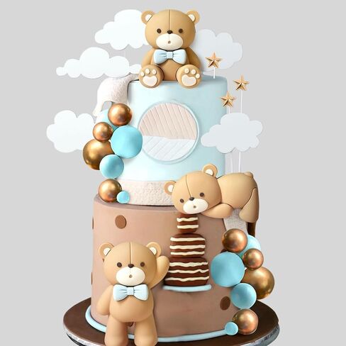 JeVenis Luxury Blue Bear Cake Decoration Blue Gold Balls Cake Topper Baby Shower Birthday Cake Decoration in Kuwait