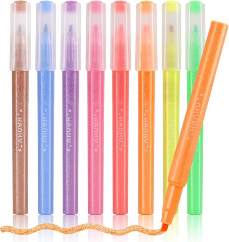 Pastel Glitter Highlighters,Set of 8, Assorted Colors Highlighters,Chisel Tip Glitter Marker Pens for Kids Adults Journaling Coloring Drawing Doodling in Kuwait