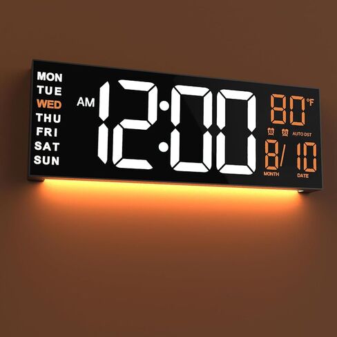 JALL 16" Large Digital Wall Clock, Remote Controlled with 2 Alarms, LED Display, 8 RGB Color, Auto DST, Temperature for Living Room, Bedroom, or Desk, Mounted Decor, Gift for Elderly, White+Orange in Kuwait