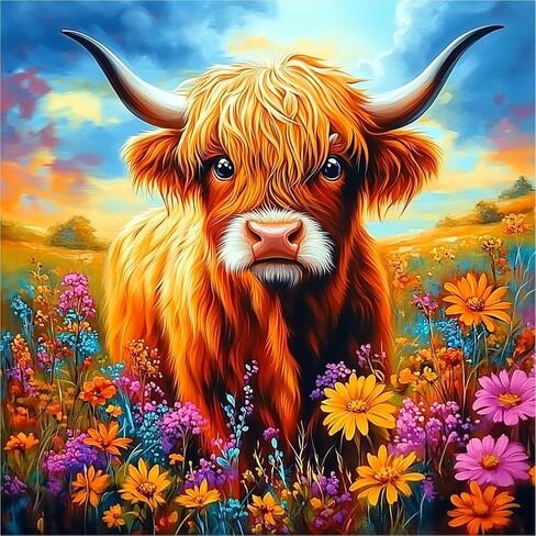 Lxmsja Highland Cow Diamond Art Kits للبالغين ، زهور DIY مجموعات الطلاء الماس الكاملة للمبتدئين ، الحرف الفنية للأحجار الكريمة 5D للبالغين ، ديكور الجدار المنزلي 12x16 بوصة in Kuwait