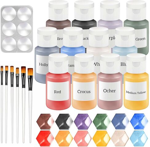 Dunzoom Underglaze for Ceramics Kit Underglaze Paint Colors 12 Ceramic Clay Assorted Colors in 2 Ounce with 6 Pcs Paint Brushes and a Paint Tray Concentrated Opaque Liquid Underglaze in Kuwait