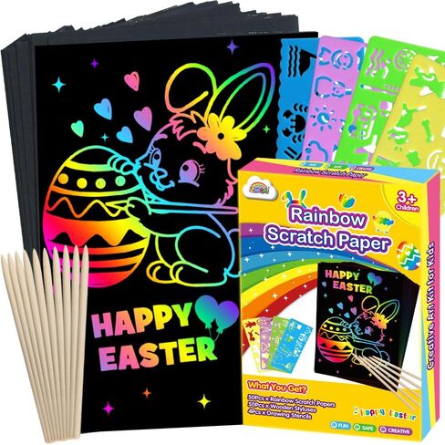ZMLM Rainbow Scratch Easter Crafts - 60 Rainbow Scratch Paper for Girls Boys Easter Toys Gifts, Easter Arts and Crafts Gifts for Kids Activities, Scratch Art for Kids Easter Basket Stuffers Gifts in Kuwait