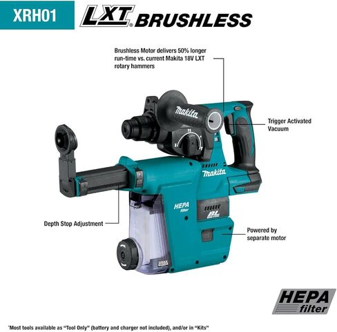 Makita XRH01ZWX 18V LXT® Lithium-Ion Brushless Cordless 1" Rotary Hammer, accepts SDS-PLUS bits, w/HEPA Dust Extractor Attachment, Tool Only in Saudi Arabia