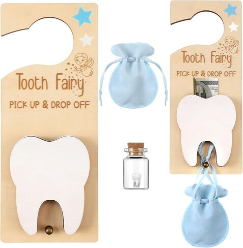 Tooth Fairy Gift Holder Bag Door Hanger National Children's Dental Health Month Dentist's Day Gift Tooth Fairy Kit Keepsake Teeth Box for Lost Teeth Boy Girl(Fresh,Natural Wood Color) in Kuwait