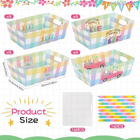 Weysat 16 Set Easter Empty Gifts Baskets Bulk for Gifts with Cellophane Basket Bags and Ribbons Bows 9.84 x 6.5 in Gift Basket Empty to Fill Happy Easter Gift Baskets Bunny Party Decor in Kuwait