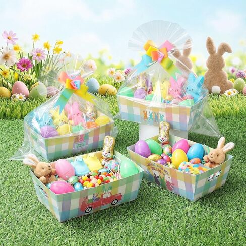 Weysat 16 Set Easter Empty Gifts Baskets Bulk for Gifts with Cellophane Basket Bags and Ribbons Bows 9.84 x 6.5 in Gift Basket Empty to Fill Happy Easter Gift Baskets Bunny Party Decor in Kuwait