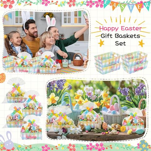 Weysat 16 Set Easter Empty Gifts Baskets Bulk for Gifts with Cellophane Basket Bags and Ribbons Bows 9.84 x 6.5 in Gift Basket Empty to Fill Happy Easter Gift Baskets Bunny Party Decor in Kuwait