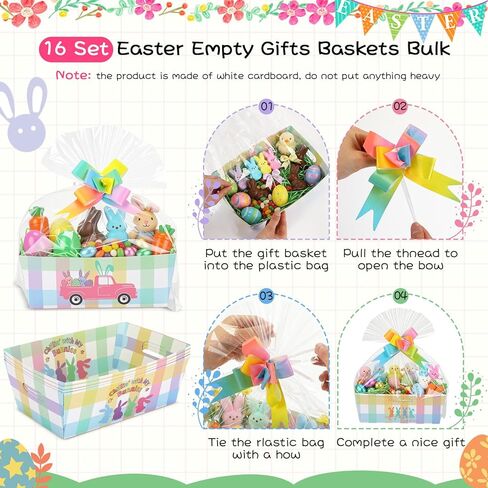 Weysat 16 Set Easter Empty Gifts Baskets Bulk for Gifts with Cellophane Basket Bags and Ribbons Bows 9.84 x 6.5 in Gift Basket Empty to Fill Happy Easter Gift Baskets Bunny Party Decor in Kuwait
