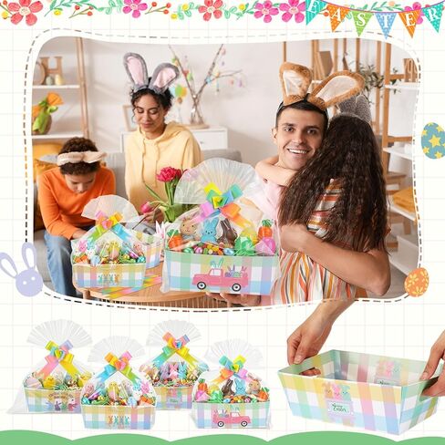 Weysat 16 Set Easter Empty Gifts Baskets Bulk for Gifts with Cellophane Basket Bags and Ribbons Bows 9.84 x 6.5 in Gift Basket Empty to Fill Happy Easter Gift Baskets Bunny Party Decor in Kuwait