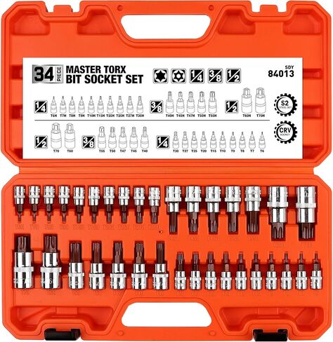HORUSDY Torx Socket Set | 34-Piece Torx Bit Socket Set | S2 Steel Socket | Solid Star & Tamper Proof | T6 ~ T70 in Kuwait