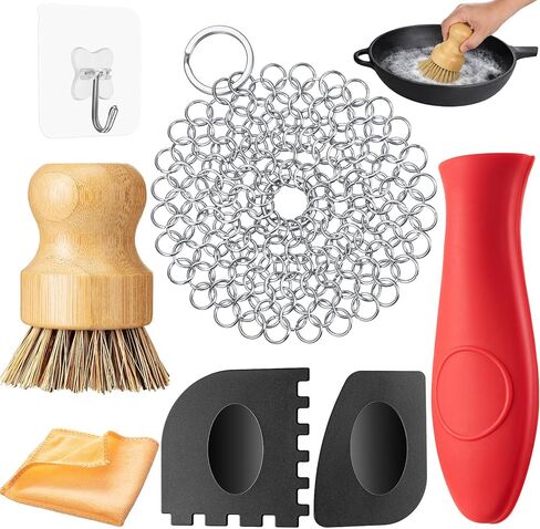 Patelai 7 Pieces Cast Iron Cleaner Set Include Stainless Steel Chainmail Scrubber with Bamboo Dish Scrub Brush Hot Handle Holder 2 Pan Grill Scrapers Kitchen Towel Wall Hook (Classic Color) in Saudi Arabia