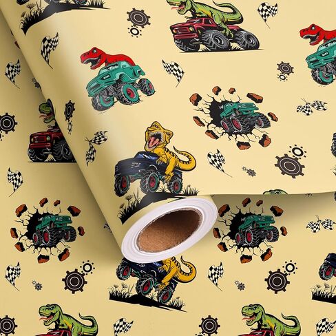 VNAAEM BOYS عيد ميلاد لفة الورق لفة الورق مع الخلف - 17 بوصة × 32.8 قدم - ديناصور وحش تصميم شاحنة للأطفال عيد ميلاد استحمام الطفل (لفة واحدة) in Kuwait