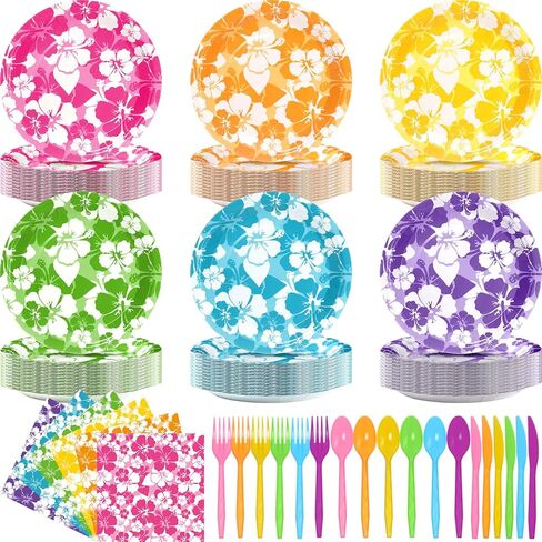 Nitial 240 Pcs Hibiscus Party Plates Napkins Hawaiian Theme Tableware Set for Luau Table Decorations Supplies Tropical Dessert Plates Forks for Aloha Summer Beach Party, Serve 48 Guests in Kuwait