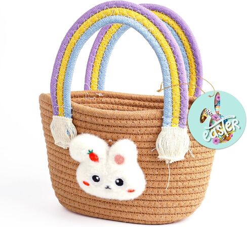 Exun Easter Bunny Basket for Kids ، حقيبة يد من القطن اللطيفة حقيبة يدوية منسوجة مع مقابض قوس قزح ، وأكياس سلة Easter Egg Hunt للأولاد ، والبنات ، والطفل ، والرضع ، وسلة هدايا عيد الفصح مخصصة (Beige) in Kuwait