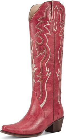 wetkiss Cowboy Boots for Women Knee High, Low Heeled Stable and Comfortable | Knee High Cowgirl Boots,Western Boots with Embroidery,Pull On,Slip On,Non-slip Rubber Sole,Soft and Breathable PU Leather in Saudi Arabia