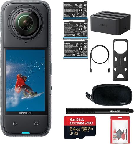 Insta360 X4 Waterproof 8K 360 Action Camera with 48MP Sensor, 5.7K 360 Video, AI Editing for Content Creators, Travel, Outdoors + 50-in-1 Accessory Kit + 64GB Card + More in Kuwait
