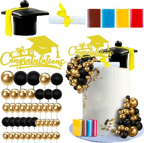50 PCS Black Gold Graduation Cake Topper Graduation Cake Decorations for Congratulations Graduation Party Decorations Supplies in Kuwait