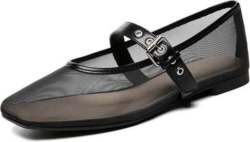 Rihero Mesh Ballet Flats for Women Square Toe Buckle Strap Mary Jane Flats Comfortable Casual Ballerina Shoes in Kuwait