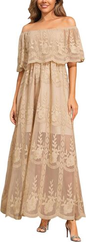 MERMAID'S CLOSET Women's Casual Off Shoulder Lace Maxi Dress Boho White Bridesmaid Wedding Evening Party Dresses in Kuwait