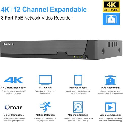 JideTech 4K 8 Channel PoE NVR, 8 Ports 16 CH Expandable Network Video Recorder for Home Surveillance System, Support 4K/2K/12MP/8MP/5MP/1080P IP Camera, Remote Access, 24/7 Recording, Up to 14TB HDD in Kuwait