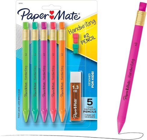 Paper Mate Handwriting Triangular Mechanical Pencil Set with Lead & Eraser Refills, 1.3mm, School Supplies, Office Supplies, Sketching Pencils, Drafting Pencil, Fun Barrel Colors, 8 Count in Kuwait
