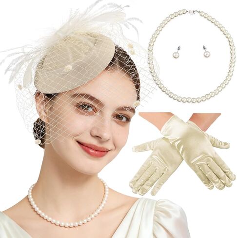 Ibeauti الفاسناتور القبعات مع Screentouch مجموعة قفازات من الدانتيل للنساء الشاي حفلة كوكتيل الزفاف ديربي أغطية الرأس قفازات قصيرة in Kuwait