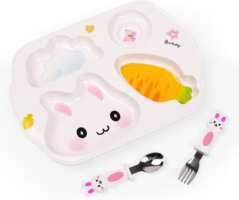 Bunny Plate for Girls, Kid's Dinner Tray Divided Plates and Utensils for Kids, BPA-Free Durable Plastic Reusable 4 Compartment Plates, Picky Eater Friendly Dinnerware Set for Toddlers in Kuwait