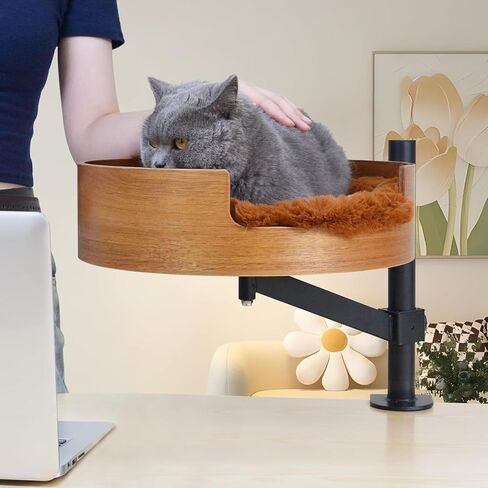 Cat Bed Desk with Pet Mat, Cat Hammock for Desk, Cat Bed Desk with Wooden Bowl, 360° Rotation and Adjustable Height, Brown in Kuwait