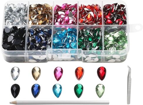 PAMIR TONG 2200pcs 5*8mm Waterdrop Shape Craft Gems Jewels Acrylic Flatback Rhinestones Gemstone with Tweezers Glue Picking pen for Bead Adhesive Jewelry Making Phone case Nail Art (Small Waterdrop) in Saudi Arabia