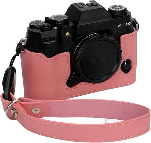 Bowan X-T50 Camera Case, Handmade Genuine Real Leather Half Camera Case Bag Cover for Fujifilm X-T50 Camera Bottom Opening Version + Hand Strap (Pink) in Kuwait