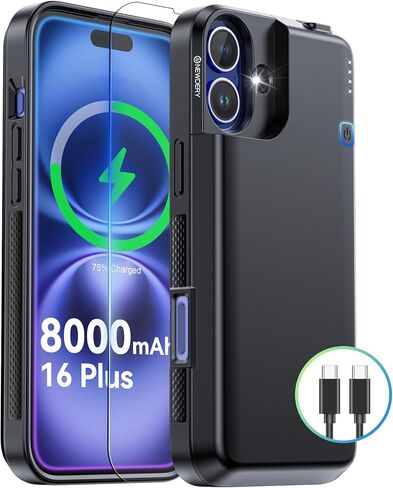NEWDERY Upgraded Battery Case for iPhone 16 Pro Max, 8000mAh USB-C Portable Power Bank, CarPlay, Sync Data Supported, Rechargeable Charger Case Compatible with iPhone 16 Pro Max 6.9", Black in Kuwait