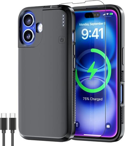 NEWDERY Upgraded Battery Case for iPhone 16 Pro Max, 8000mAh USB-C Portable Power Bank, CarPlay, Sync Data Supported, Rechargeable Charger Case Compatible with iPhone 16 Pro Max 6.9", Black in Kuwait