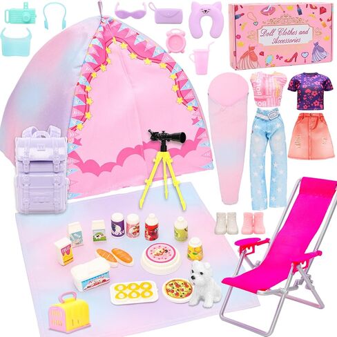34 Pcs Doll Travel Camping Tent Playset for 11.5 Inch Girl Dolls Includes Clothes, Tent, Telescope, Backpack, Sleeping Bag & Other Camping Accessories for Doll Travel Camping Toy Set in Kuwait